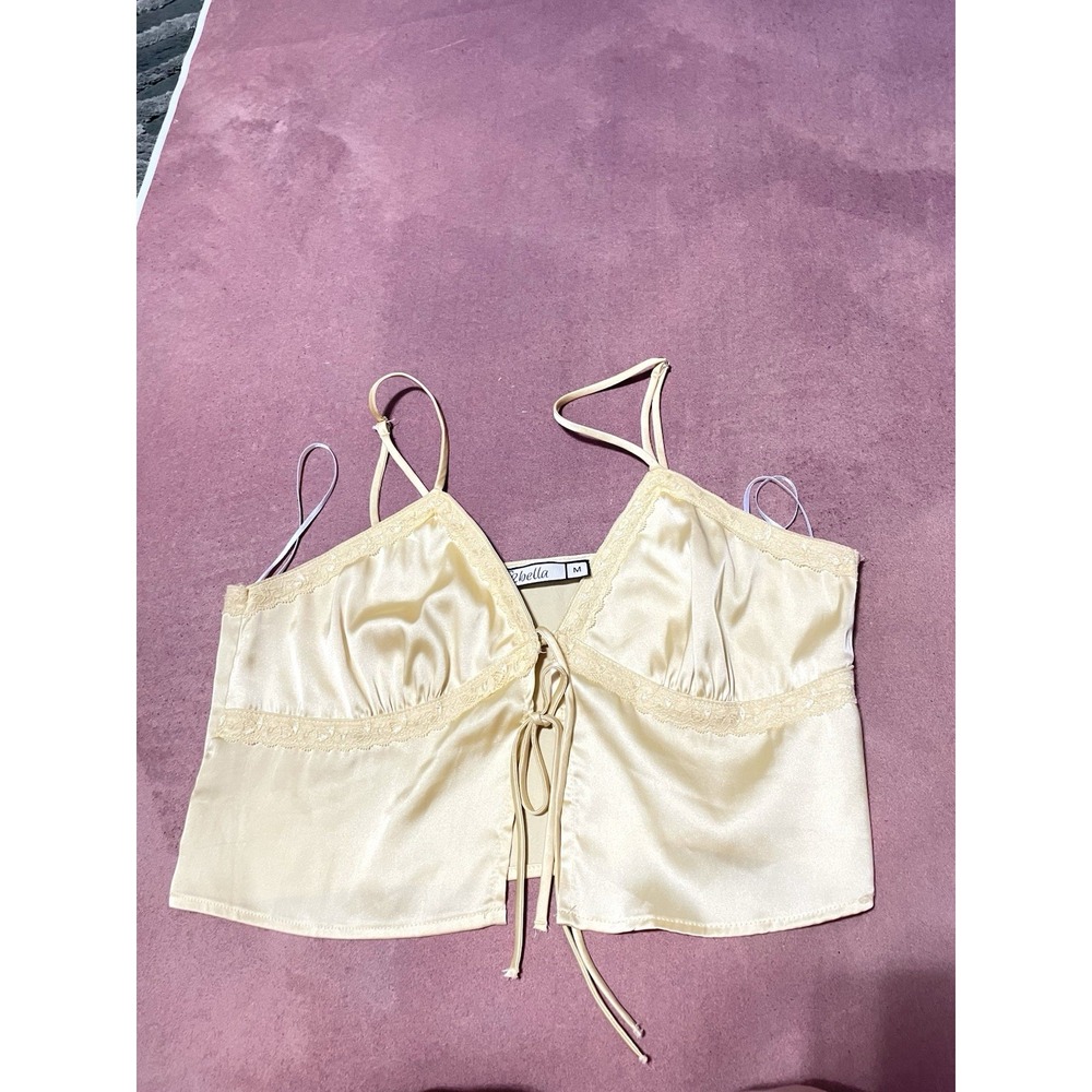 2 Bella Yellow Satin Short Cropped Tank Top Front Tie Size S/M Coquette Bohemian - Picture 8 of 12
